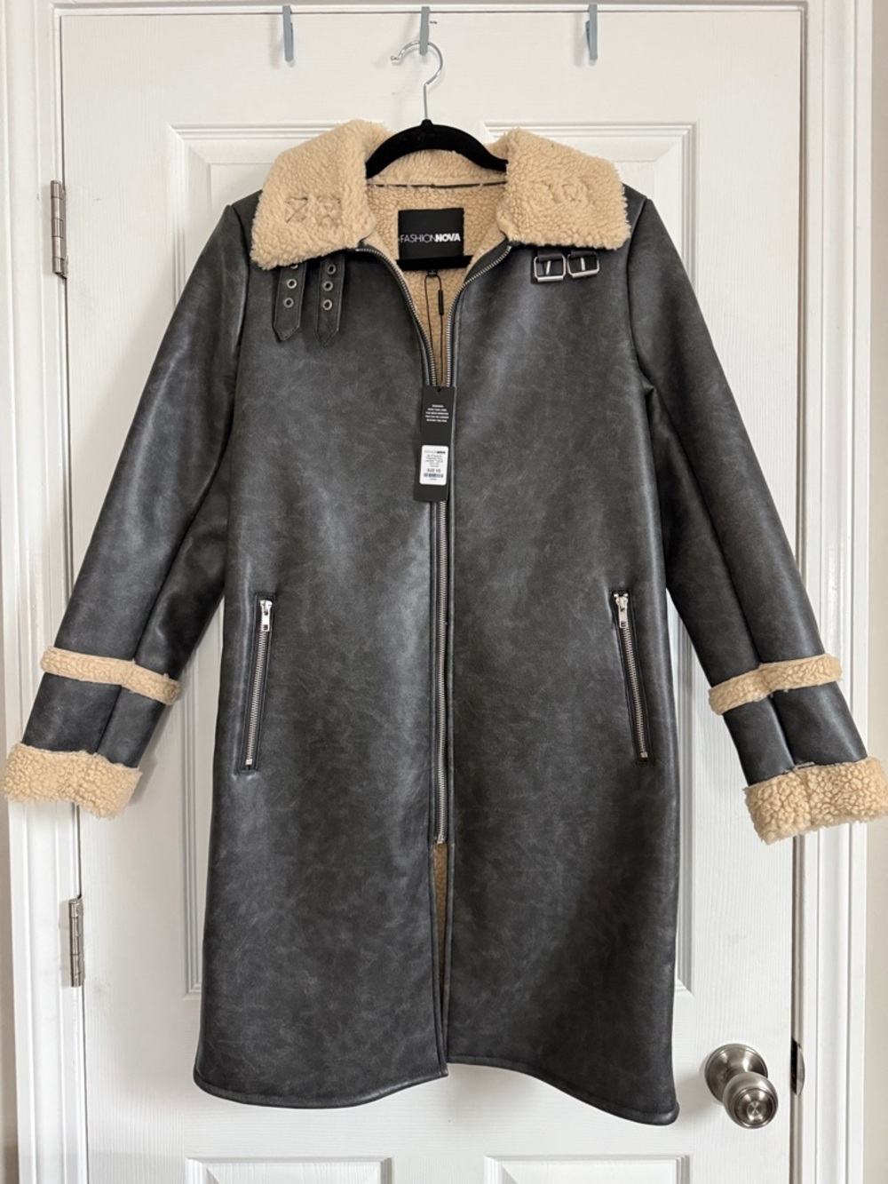 Fashion Nova Gray Faux Leather Long Shearling Trench Coat with Tan Trim